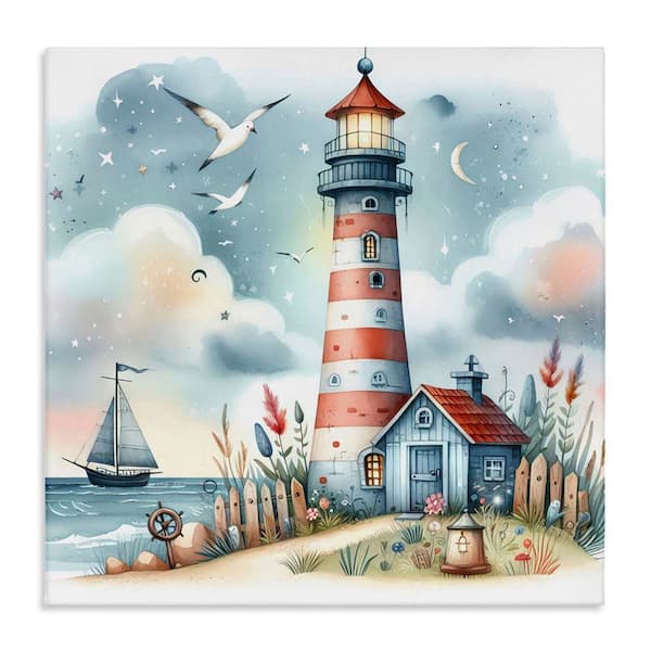 Stupell Industries Fun Maritime Lighthouse by LSR Design Studio Unframed Coastal Graphic Art Print 24 in. x 24 in.