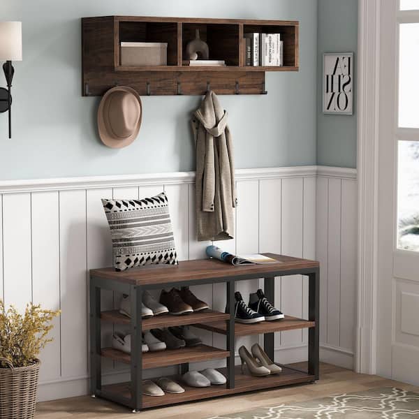 Tribesigns Howard Brown Wood 32 in. Shoe Rack with Coat Hooks, Hall Tree  with Shoe Bench and Shelves TJHD-JW0139 - The Home Depot