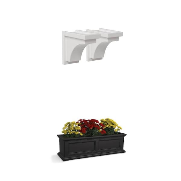 Nantucket White Decorative Corbel and Fairfield 36 in. x 11 in. Self-Watering Black Window Box Combo