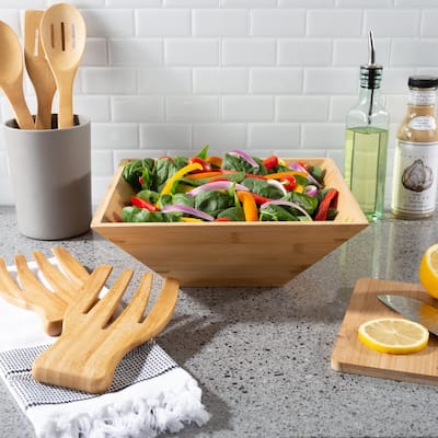 11 in. Square Bamboo Salad Bowl with Utensils