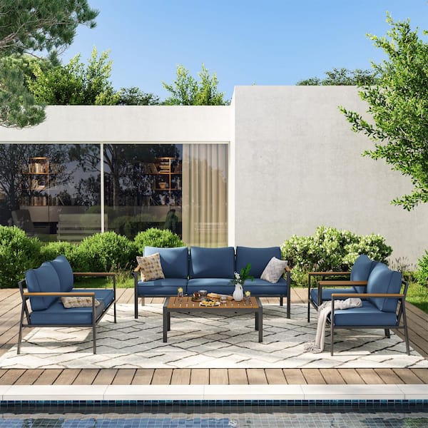 7 seat Aluminum Patio Furniture Set, Modern Outdoor Conversation Set Sectional Sofa with Coffee Table, Navy Blue