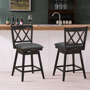 38 in. H (Set of 2) Barstools Swivel Counter Height Chairs w/Rubber Wood Legs Black