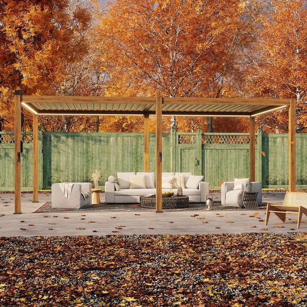 JOYESERY 12 ft. x 20 ft. Modern Aluminum Pergola with Adjustable Louvers, LED Lights, and Solar Charging, Wood Grain