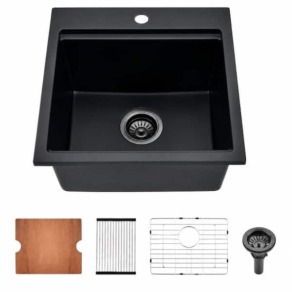 15 in. Drop-In Single Bowl Matte Black Quartz Composite Workstation Bar Sink with Cutting Board