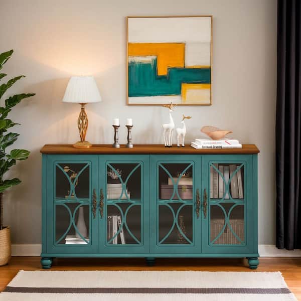 COWLOWN Elegant European Antique Style Dark Green Wood Pantry Organizer with Tempered Glass Doors