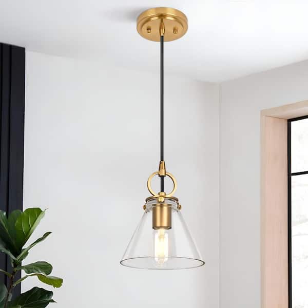 Henveton Jasslynn 60 Watt 1 Light Golden Industrial Pendant Light with Clear Cone Glass Shade for Dining Room, Kitchen
