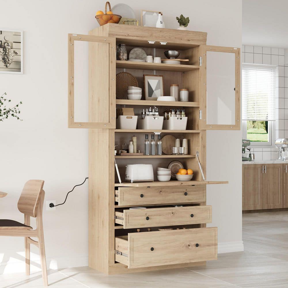 Natural 78 in. H Kitchen Pantry Organizers Storage Cabinet with Drop-Down Surface, USB, Adjustable Shelves, 3 Drawers
