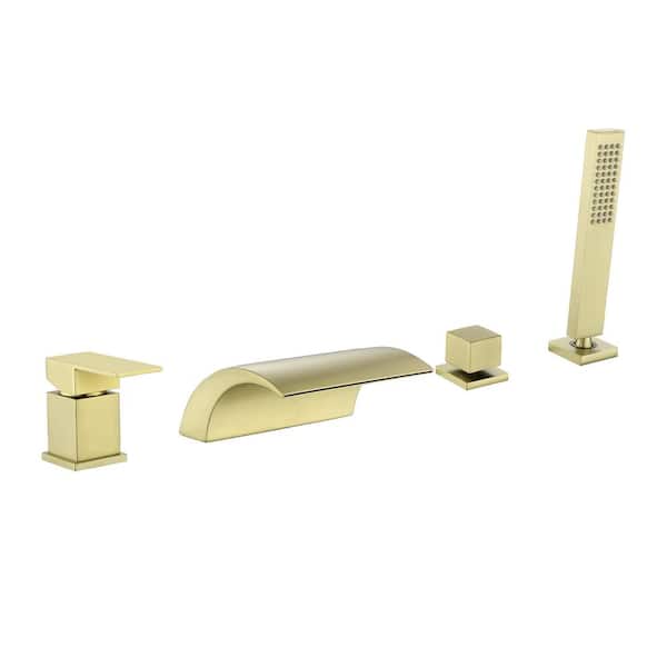 Unbranded Single-Handle Deck-Mount Roman Tub Faucet with waterfall and Hand Shower in Brushed Gold