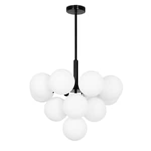 Modern Black 13-Light Chandelier, White Globe Glass Pendant Light for Dining Room, G9 Bulbs Included