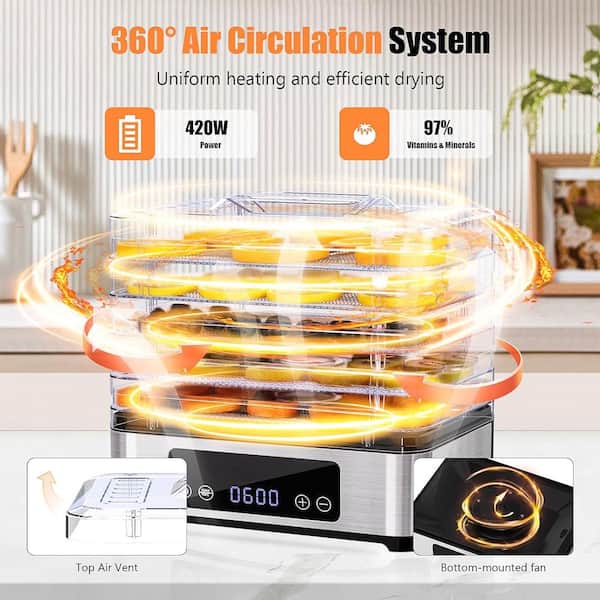 Anqtovp 5-Tray Stainless Steel Food Dehydrator Machine 420W Food