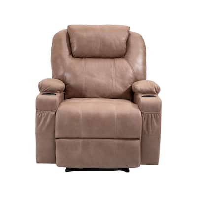 Light Brown Classic Faux Leather Manual Recliner 3-Position High Neck Recliner Chair with Cup Holders
