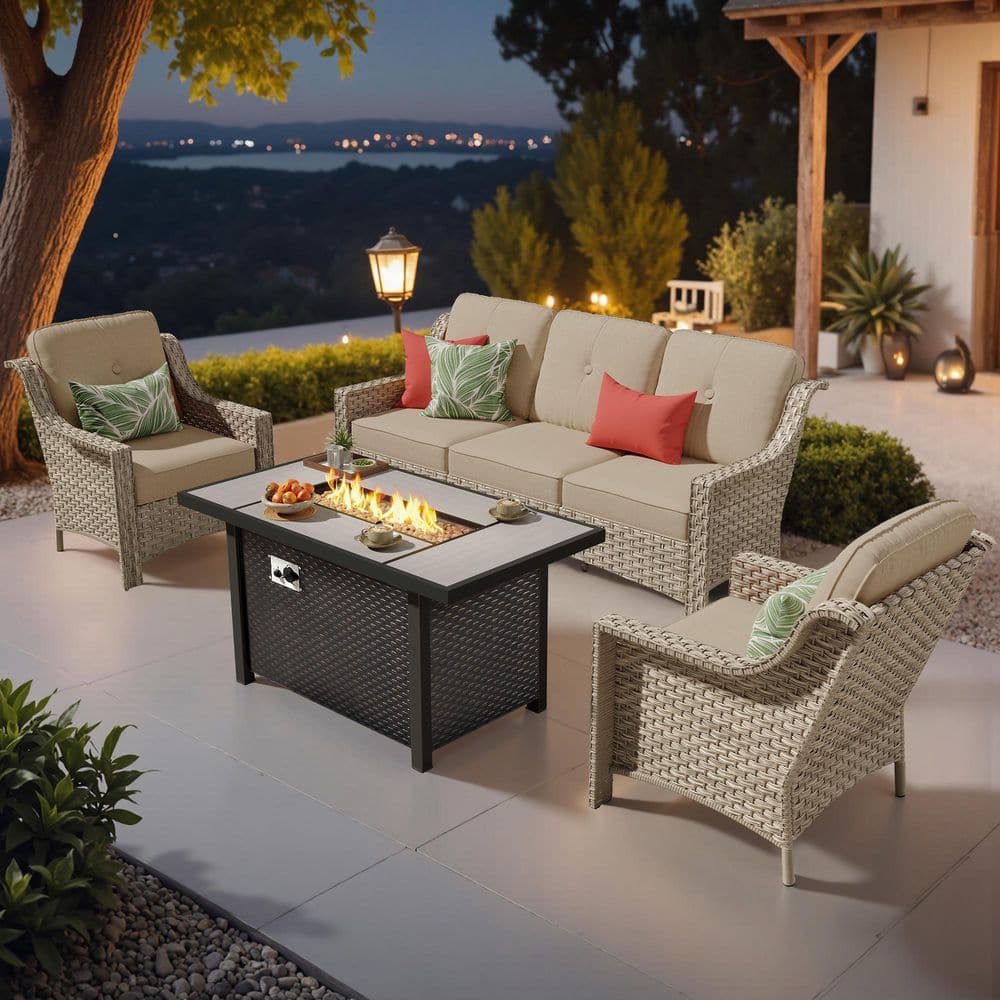 EternalOasis 4 Pieces Wicker Outdoor Patio Rectangular Fire Pit Set with Beige Cushions price history on PriceWatchPro