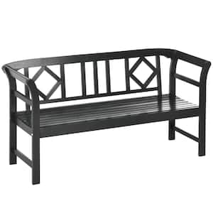 3-Person Wooden Bench, 3-Seater Outdoor Patio Bench, Backrest and Armrests, Slatted Seat, Black