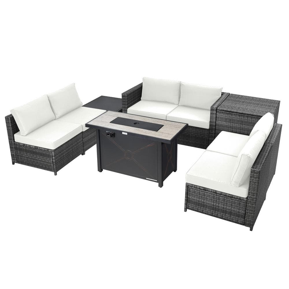 Gymax 9Pieces Patio Rattan Furniture Set Fire Pit Table Storage Black with Cover Off White