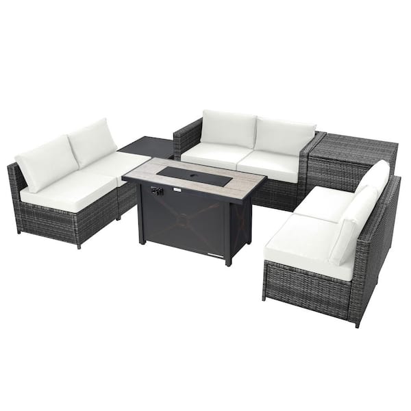 Gymax 9-Pieces Patio Rattan Furniture Set Fire Pit Table Storage Black with Cover Off White