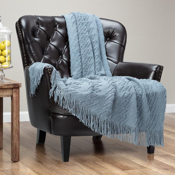 Textured Light Blue Bevel Knit Acrylic Throw Blanket with Tassels, 50 x 65 in.