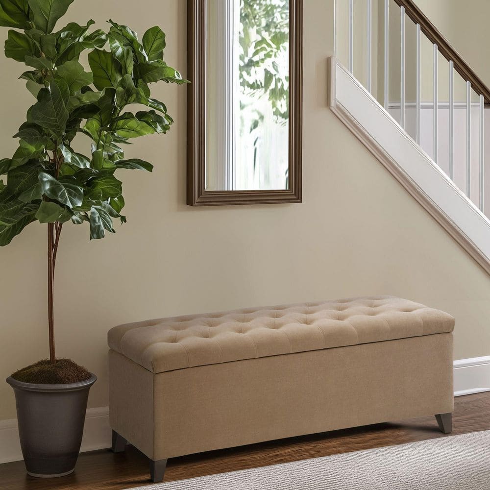 Sand Tufted Top Birch Storage Bench with Graduated Legs