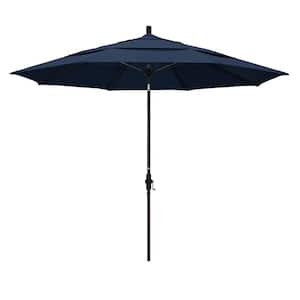 11 ft. Bronze Aluminum Market Patio Umbrella with Fiberglass Ribs Collar Tilt Crank Lift in Spectrum Indigo Sunbrella