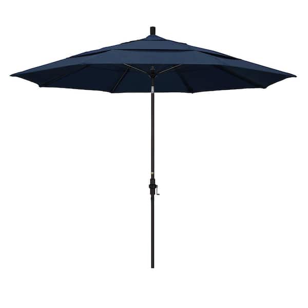 California Umbrella 11 ft. Bronze Aluminum Market Patio Umbrella with Fiberglass Ribs Collar Tilt Crank Lift in Spectrum Indigo Sunbrella