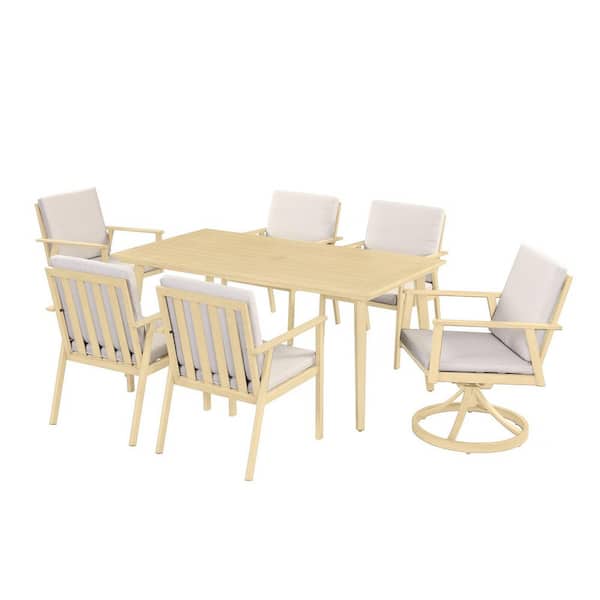 CikaCika Alulux Light Brown Wood 7-Piece Aluminum Outdoor Dining Set with Rectangular Dining Table and Beige Cushions