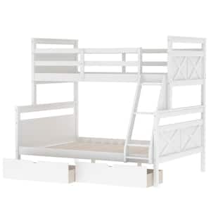 Modern Twin Over Full Bunk Bed with Ladder, 2-Storage Drawers, Safety Guardrail, White