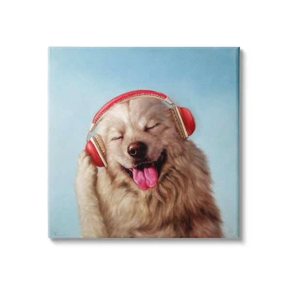 Stupell Industries Dog Listing to Music Red Headphones Funny Pet by Lucia Heffernan Unframed Print Animal Wall Art 17 in. x 17 in.