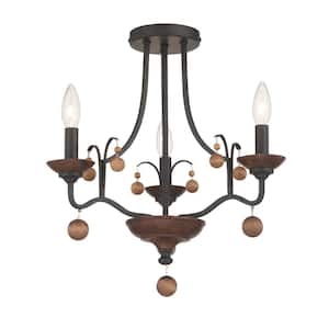 Colonial Charm 16.75 in. 3-Light Old World Bronze with Walnut Accents Semi Flush Mount