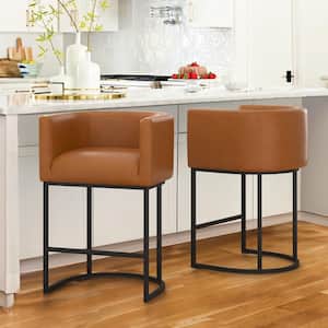 Jessica 26 in.Brown Modern Counter Bar Stool Fabric Upholstered Barrel Counter Stool with Metal Frame Set of 2