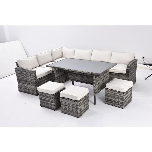 grossag 7-Pieces Gray Wicker Outdoor Sectional Conversation Sofa with Beige Backrest and Beige Removable Cushions, Dining Table