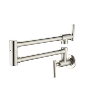 Wall Mounted Pot Filler with Double Joint Swing Arms Brass 1 Hole 2 Handle Foldable Kitchen Faucets in Brushed Nickel