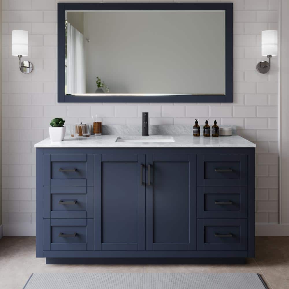 Miranda 66 in. W x 22 in. D x 33.75 in. H Single Sink Bath Vanity in Dark Blue with White Carrara Marble Top and Mirror price history on PriceWatchPro