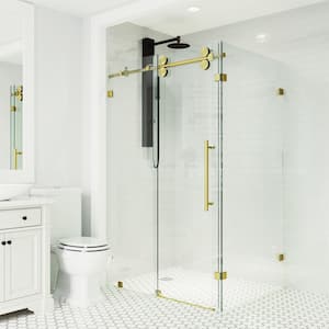 Winslow 47 in. W x 74 in. H Rectangular Sliding Frameless Corner Shower Enclosure in Matte Gold with Clear Glass