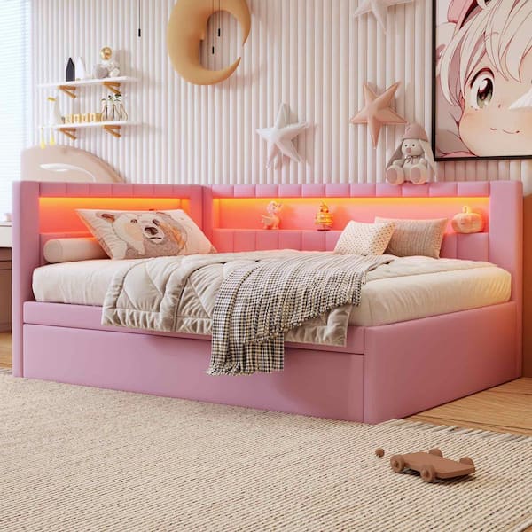 Pink Full Size Daybed with USB Ports and LED Belt, Trundle