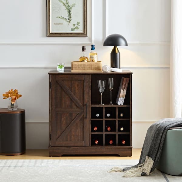 Unbranded Farmhouse 12-Bottle Espresso Brown MDF Barn Door Buffet Sideboard Cabinet with Drawer, Adjustable Shelves, Wine Rack