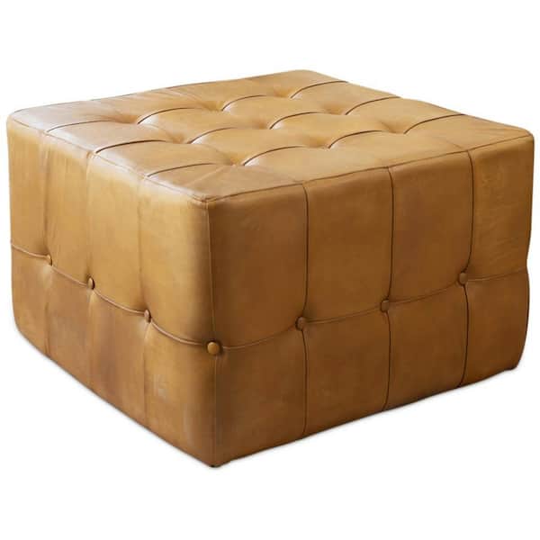 Ashcroft Furniture Co Bart Tan Mid-Century Tufted Square Genuine Leather Upholstered Ottoman