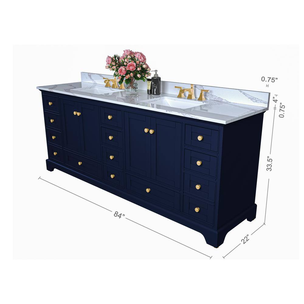 Audrey 84'' Heritage Blue Double Vanity with Calacatta Quartz Top