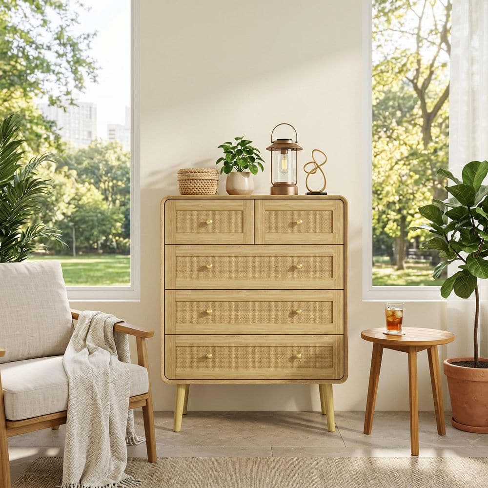 yellow dresser Faux Bamboo Double Sunburst Yellow Three Drawer Chest 31.5" Modern Natural Vertical 5