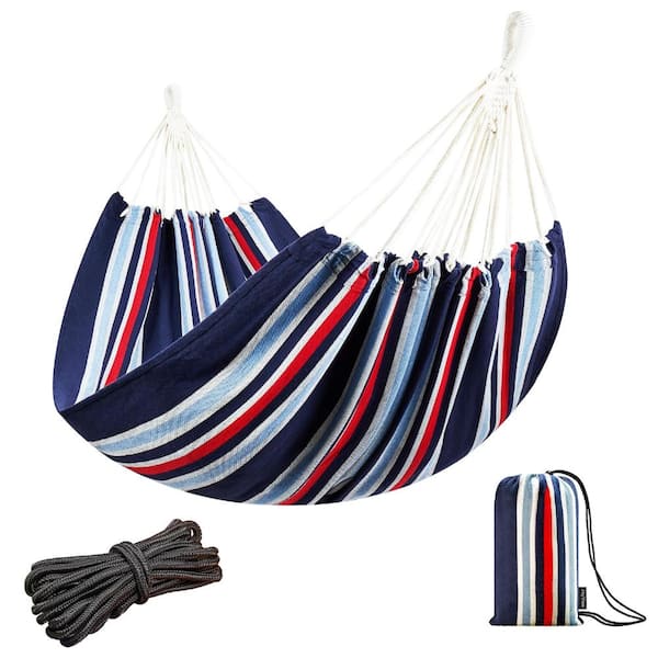 86.6 x 59 in. Double Hammock with Hanging Ropes Portable Cotton Blend Black Red Stripe 1-Piece