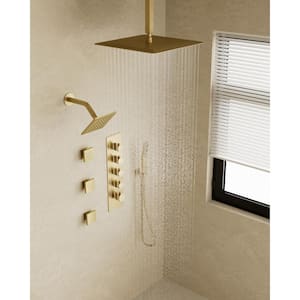 Thermostatic Valve 15-Spray 16 in. x 6 in. Ceiling Mount Dual Shower Head and Handheld Shower in Brushed Gold