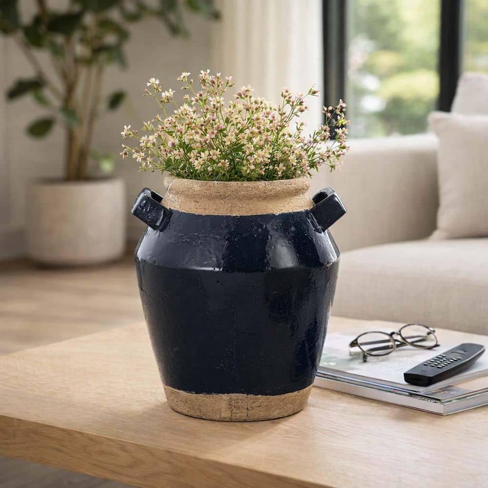 Liv & Skye 11 in. Blue Ceramic Amphora Squared Dual Side Handles