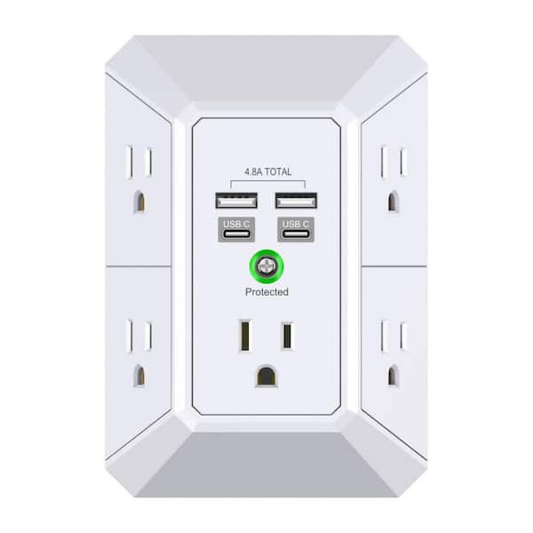 White 5-Outlet Extender with 4 USB Ports 4.8A Total, 3-Sided 1680J Power Strip, Multi Plug Outlets for Home Travel, 2U2C