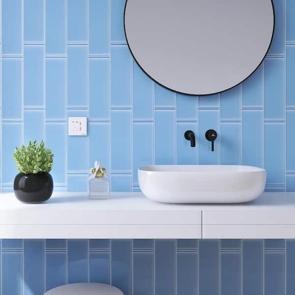 Hand Painted 2x4 Blue Glass Tile Subway Beveled Mirror Design Mosaic T –  Blujellyfish