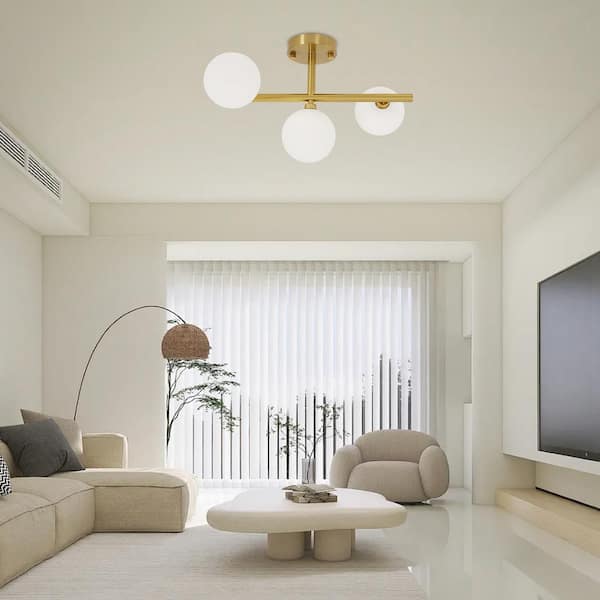 OUKANING 17.72 in. 3-Light Gold Modern Semi-Flush Mount Ceiling