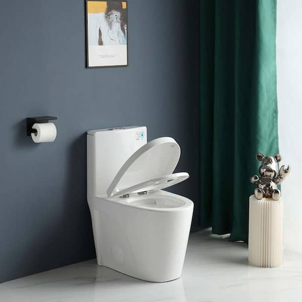 12 in. 1-Piece 1.1/1.6 GPF Water-Efficient Dual Flush Elongated Toilet in White Soft Closing Seat Included