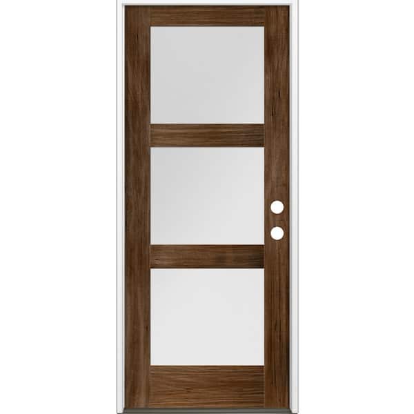 Krosswood Doors 36 in. x 80 in. Modern Hemlock 3-Lite Left-Hand/Inswing Frosted Glass Provincial Stain Wood Prehung Front Door