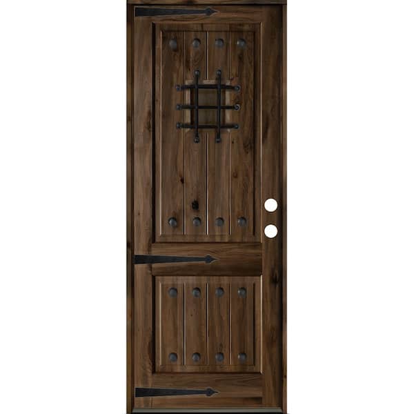 Krosswood Doors 32 in. x 96 in. Mediterranean Knotty Alder Left-Hand/Inswing Glass Speakeasy Black Stain Solid Wood Prehung Front Door