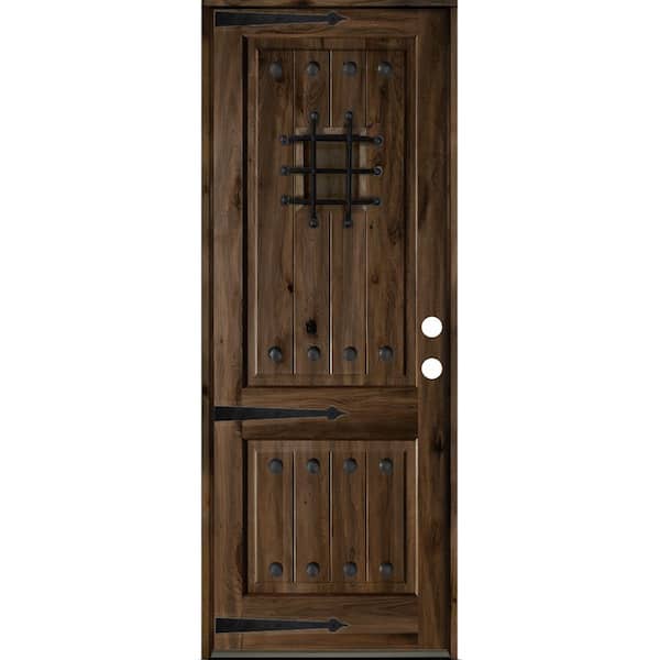 Krosswood Doors 36 in. x 96 in. Mediterranean Knotty Alder Left-Hand/Inswing Glass Speakeasy Black Stain Solid Wood Prehung Front Door