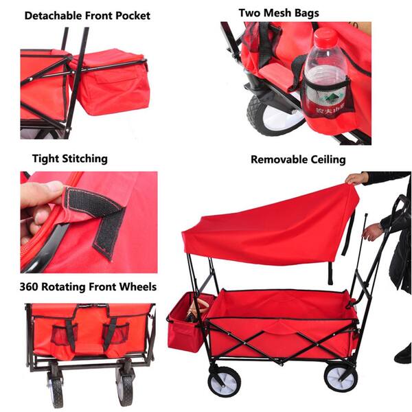 2.4 Cu.Ft. Metal Folding Wagon Garden Cart with Canopy in Red