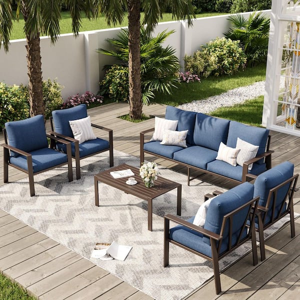 6-Piece Brown Metal Patio Conversation Set with Navy Cushions
