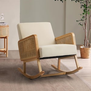 Classic Modern Wood Rocking Chair with Rattan Arms-Tan